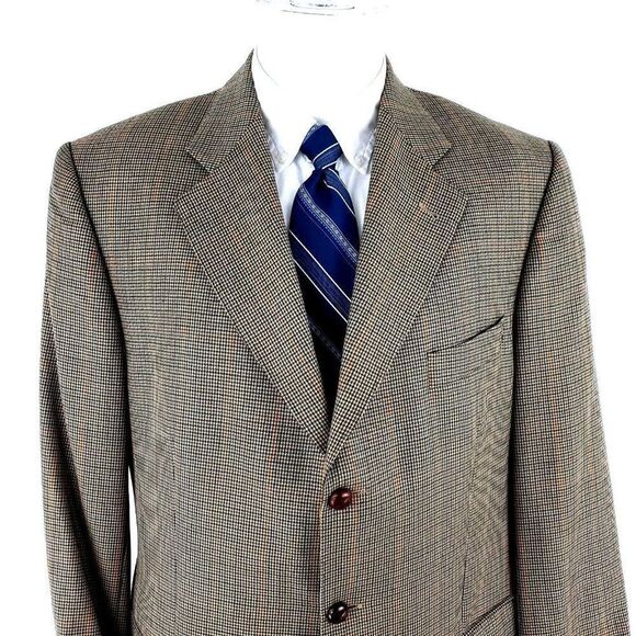 Burberry London Wool 3 Leather Button Sport Coat 42R Brown Houndstooth Windowpan - Picture 1 of 11